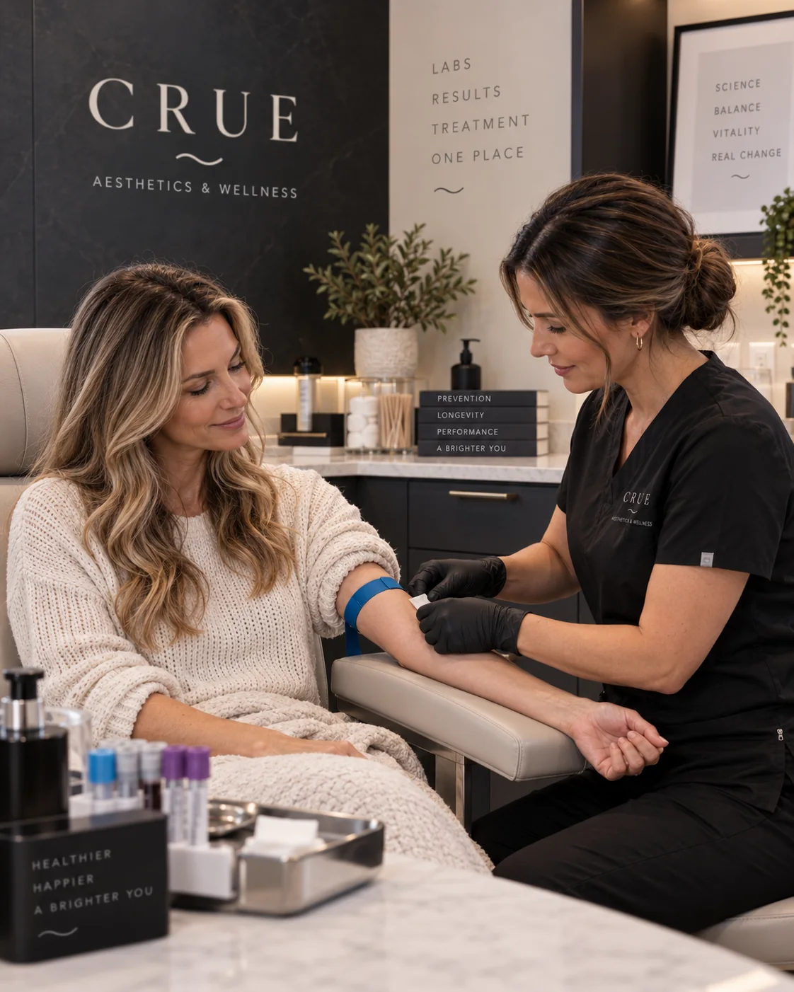 CRUE clinician performing an onsite blood draw for wellness testing